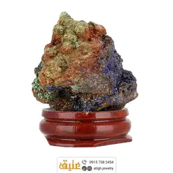 تندیس راف آزوریت مالاکیت معدنی بسیار خاص با هارمونی رنگ چشم نواز همراه با ناخالصی مس پایه چوبی