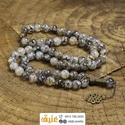 تسبیح عقیق شجری معدنی ۶۶ دانه درشت دستساز با نقش و نگار زیبا طراحی اسلیمی