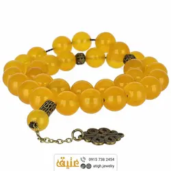 تسبیح عقیق زرد معدنی بسیار خوشرنگ 33 دانه درشت دستساز طراحی اسلیمی