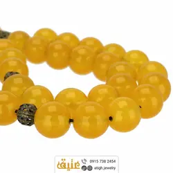 تسبیح عقیق زرد معدنی بسیار خوشرنگ 33 دانه درشت دستساز طراحی اسلیمی