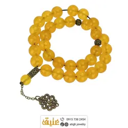 تسبیح عقیق زرد معدنی بسیار خوشرنگ 33 دانه درشت دستساز طراحی اسلیمی