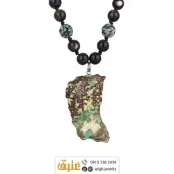 سینه ریز یونیک کریزوکولا راف (تراش نخورده) ، سرپنتین (مارسنگ) مات و صدف مشکی طبیعی بافت گره ای