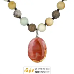 سینه ریز عقیق کارنلین بسیار خوشرنگ و خاص و آمازونیت معدنی هارمونی رنگ زیبا بافت گره ای