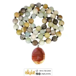 سینه ریز عقیق کارنلین بسیار خوشرنگ و خاص و آمازونیت معدنی هارمونی رنگ زیبا بافت گره ای