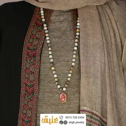 سینه ریز عقیق کارنلین بسیار خوشرنگ و خاص و آمازونیت معدنی هارمونی رنگ زیبا بافت گره ای