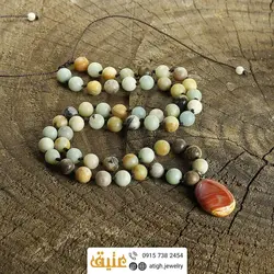 سینه ریز عقیق کارنلین بسیار خوشرنگ و خاص و آمازونیت معدنی هارمونی رنگ زیبا بافت گره ای