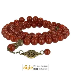 تسبیح عقیق سرخ معدنی ۶۶ دانه درشت دستساز بسیار خوشرنگ طراحی اسلیمی