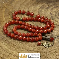تسبیح عقیق سرخ معدنی ۶۶ دانه درشت دستساز بسیار خوشرنگ طراحی اسلیمی