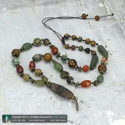 سینه ریز مهره تبتی عقیق سلیمانی و شاه مقصود، چشم ببر، جاسپر، عقیق و مهره عقیق تبتی چشمی معدنی بافت گره ای