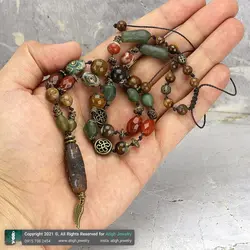 سینه ریز مهره تبتی عقیق سلیمانی و شاه مقصود، چشم ببر، جاسپر، عقیق و مهره عقیق تبتی چشمی معدنی بافت گره ای
