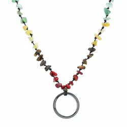 گردنبند هفت سنگ چاکرا معدنی تراش نامنظم و حلقه حدید معدنی محافظ هاله انرژی سری ۴ سنگ های قیمتی بافت گره ای