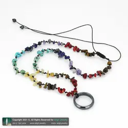 گردنبند هفت سنگ چاکرا معدنی تراش نامنظم و حلقه حدید معدنی محافظ هاله انرژی سری ۴ سنگ های قیمتی بافت گره ای