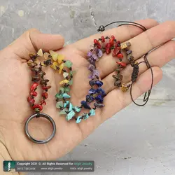 گردنبند هفت سنگ چاکرا معدنی تراش نامنظم و حلقه حدید معدنی محافظ هاله انرژی سری ۴ سنگ های قیمتی بافت گره ای