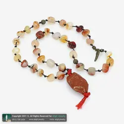 تسبیح کلکسیونی عقیق کارنلین تراش نامنظم با نقش و نگار زیبا با شیخک جاسپر قرمز راف (تراش نخورده) معدنی بافت گره ای 33 دانه بسیار خاص