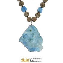 سینه ریز ژئود کوارتز آبی بلور معدنی، لاوا خاکی و عقیق دراگون مکعبی طبیعی تم دریا و ساحل بافت گره ای