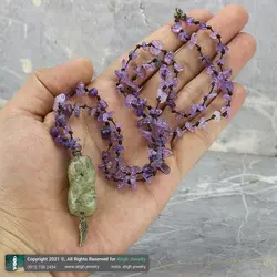 سینه ریز یشم مویی تراش پیچ با رگه های بسیار زیبا همراه آمتیست نامنظم معدنی بافت گره ای تخصصی چاکرای 4 و 7