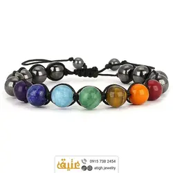 دستبند هفت سنگ چاکرا و حدید طبیعی سری ۲ سنگ‌های بینظیر‌ دور بافت کشویی فری سایز