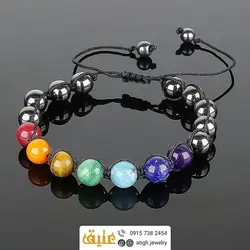 دستبند هفت سنگ چاکرا و حدید طبیعی سری ۲ سنگ‌های بینظیر‌ دور بافت کشویی فری سایز