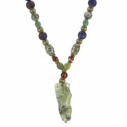 گردنبند مهره لول یشم مویی تراش پیچ، عقیق سلیمانی، شاه مقصود افغان، عقیق تبتی هلی چشمی، سرپنتین مات و لابرادوریت معدنی بند چرمی