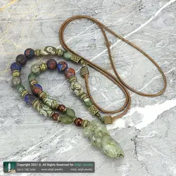 گردنبند مهره لول یشم مویی تراش پیچ، عقیق سلیمانی، شاه مقصود افغان، عقیق تبتی هلی چشمی، سرپنتین مات و لابرادوریت معدنی بند چرمی