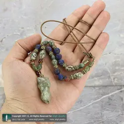 گردنبند مهره لول یشم مویی تراش پیچ، عقیق سلیمانی، شاه مقصود افغان، عقیق تبتی هلی چشمی، سرپنتین مات و لابرادوریت معدنی بند چرمی