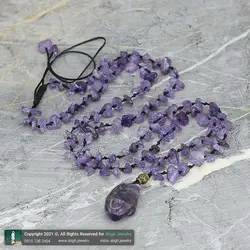 گردنبند تمام سنگ آمتیست تیره با کیفیت تراش نامنظم معدنی بسیار خوشرنگ بافت گره ای تخصصی چاکرای هفتم اکسیر آرامش