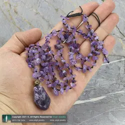 گردنبند تمام سنگ آمتیست تیره با کیفیت تراش نامنظم معدنی بسیار خوشرنگ بافت گره ای تخصصی چاکرای هفتم اکسیر آرامش