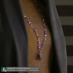 گردنبند تمام سنگ آمتیست تیره با کیفیت تراش نامنظم معدنی بسیار خوشرنگ بافت گره ای تخصصی چاکرای هفتم اکسیر آرامش