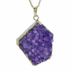 گردنبند آمتیست بلور معدنی تراش ۵ ضلعی بسیار خوشرنگ سنگ درمانی همراه زنجیر استیل