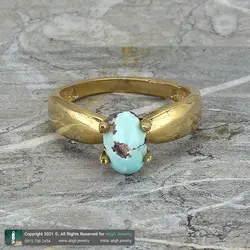 انگشتر فیروزه نیشابوری شجری معدنی با نقش و نگار زیبا رکاب طلا روسی چهار چنگ