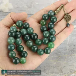 تسبیح کلکسیونی یشم معدنی کمیاب دانه درشت ۳۳ دانه دستساز بسیار خوشرنگ طراحی اسلیمی