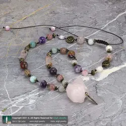 سینه ریز کوارتز صورتی (رز کوارتز) تراش نخورده، آمازونیت، آمتیست، در خونی مستطیلی، عقیق سلیمانی، عقیق شجری معدنی بافت گره ای