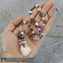 سینه ریز کوارتز صورتی (رز کوارتز) تراش نخورده، آمازونیت، آمتیست، در خونی مستطیلی، عقیق سلیمانی، عقیق شجری معدنی بافت گره ای