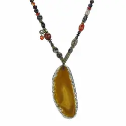 گردنبند تمام سنگ اسلایس عقیق سلیمانی خردلی دور نگین، همراه عقیق تبتی چشمی و عقیق سلیمانی انواع تراش معدنی بافت