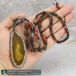 گردنبند تمام سنگ اسلایس عقیق سلیمانی خردلی دور نگین، همراه عقیق تبتی چشمی و عقیق سلیمانی انواع تراش معدنی بافت