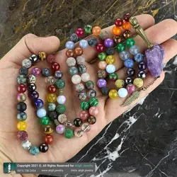 تسبیح و گردنبند لوکس احجار الشفا (سنگ درمانی) 43 نوع سنگ، هفت سنگ چاکرا، حدید محافظ هاله انرژی 101 دانه دستساز با شیخک آمتیست راف معدنی