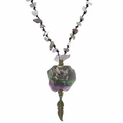 سینه ریز فلورین سبز و بنفش راف (تراش نخورده) همراه آمتیست نامنظم معدنی بافت گره ای طرح پر