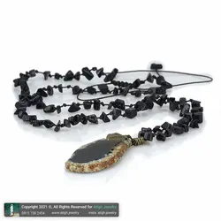 سینه ریز اسلایس عقیق سلیمانی با نقوش زیبا همراه دلربا سرمه ای تراش نامنظم معدنی بافت گره ای طرح بال