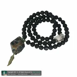 تسبیح کلکسیونی فلورین راف (تراش نخورده) بسیار با کیفیت همراه عقیق سفید راف و لاوا معدنی 66 دانه دستساز طرح بال