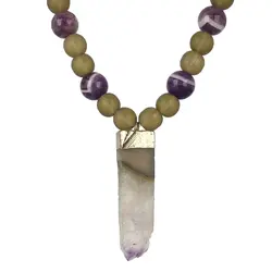 سینه ریز منشور آمتیست، کوارتز دودی مات و آمتیست دانه برفی معدنی همراه زنجیر استیل