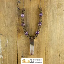 سینه ریز منشور آمتیست، کوارتز دودی مات و آمتیست دانه برفی معدنی همراه زنجیر استیل