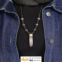 سینه ریز منشور آمتیست، کوارتز دودی مات و آمتیست دانه برفی معدنی همراه زنجیر استیل