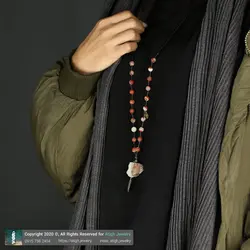 سینه ریز آمازونیت راف با نقش و نگار زیبا و جاسپر قرمز معدنی بافت گره ای طرح پر