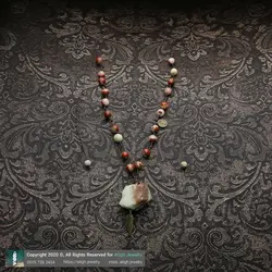 سینه ریز آمازونیت راف با نقش و نگار زیبا و جاسپر قرمز معدنی بافت گره ای طرح پر