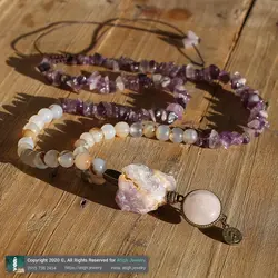 سینه ریز آمیترین راف، کوارتز صورتی (رز کوارتز)، عقیق شجری و آمتیست نامنظم معدنی فول انرژیک