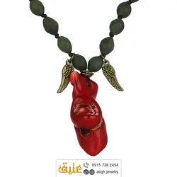 سینه ریز آنتیک مرجان نامنظم و شاه مقصود سبز تیره تراش هلی معدنی بافت گره ای طرح بال چشم نظر