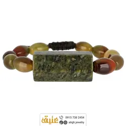 دستبند مهره لول سرافینیت تراش دار درشت و عقیق سلیمانی با هارمونی رنگ خاص دانه هلی معدنی سنگ درمانی