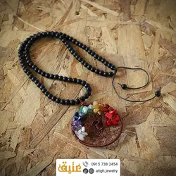 سینه ریز هفت سنگ چاکرا طرح درخت زندگی سیم بافت مسی بهمراه انیکس مات معدنی