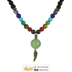 سینه ریز گوی آونتورین و هفت سنگ چاکرا عالی بهمراه انیکس مات معدنی طرح بال