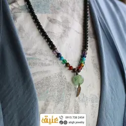 سینه ریز گوی آونتورین و هفت سنگ چاکرا عالی بهمراه انیکس مات معدنی طرح بال